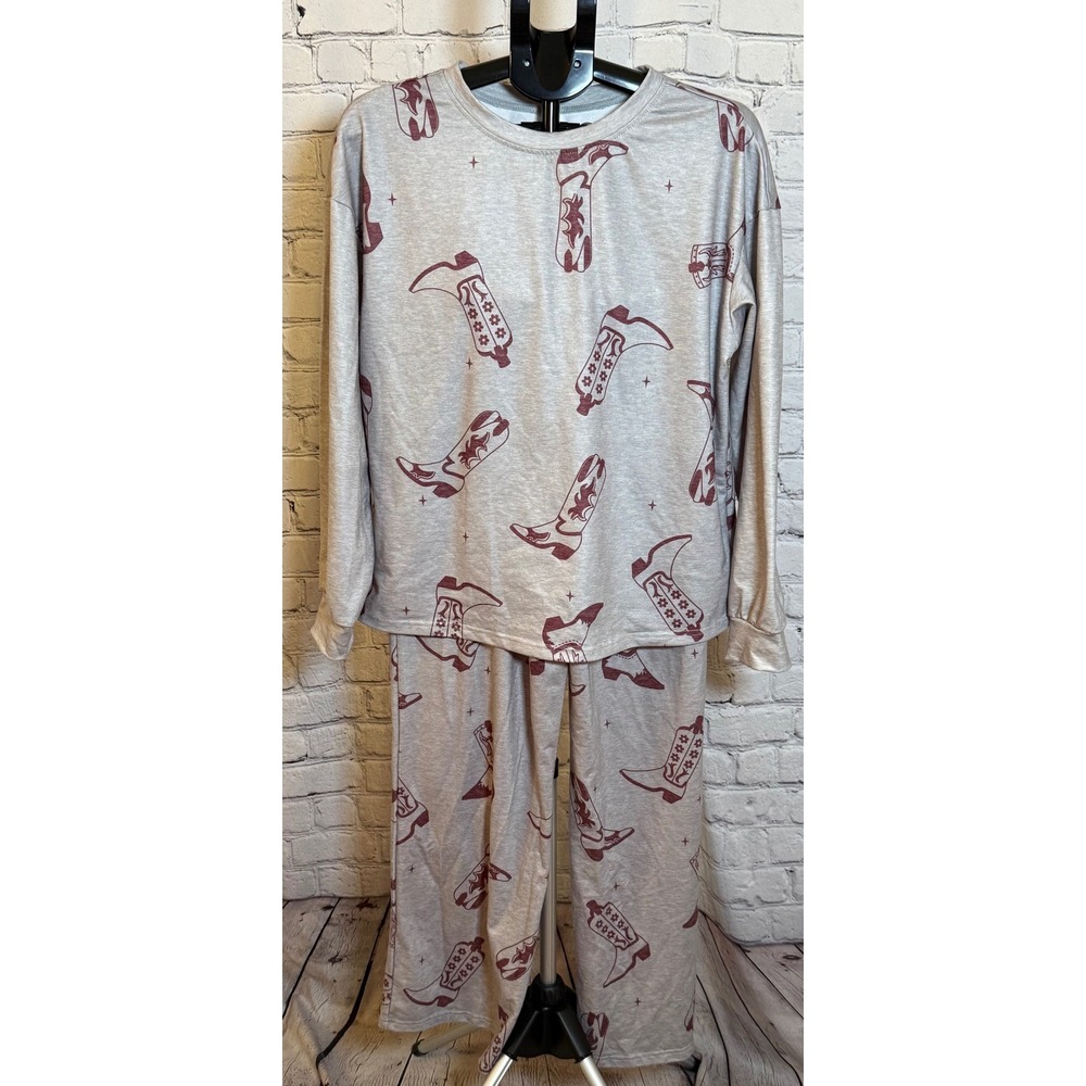 The Ledoux Western Cowboy Boot Print Loungewear Set Grey Burgundy XL Long Sleeve - Picture 5 of 7